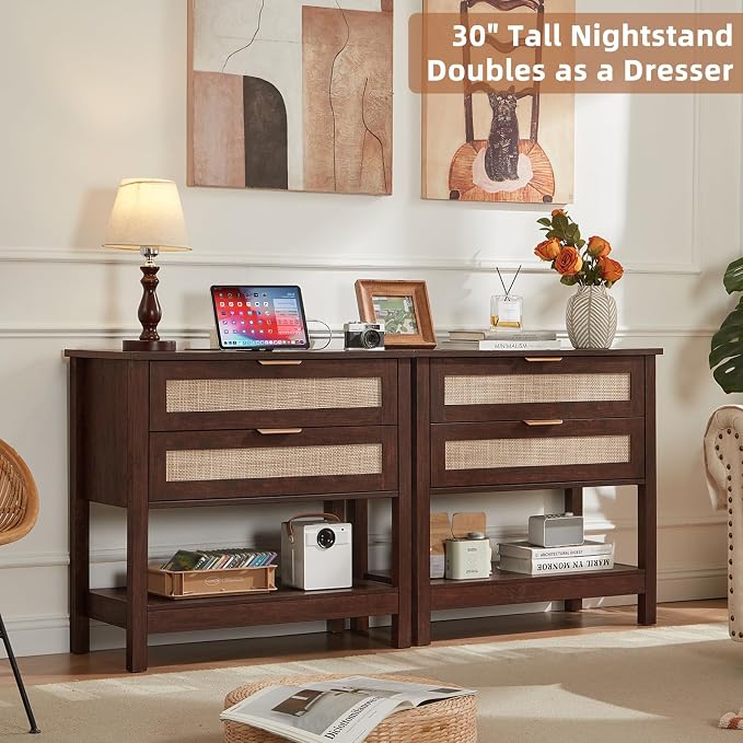 LEYAOYAO 31.5" Wide Rattan Night Stand with Charger Station, Oversized Large Walnut Nightstand with 2 Drawer, Boho Bed Side End Tables with Storage, Tall Bedside Table for Bedroom Living Room, Hallway - Image 6