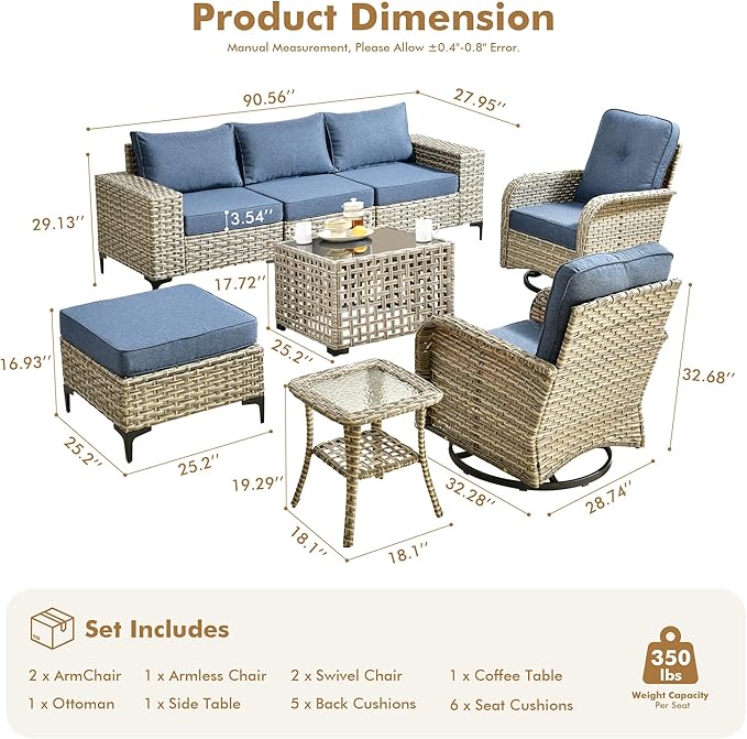 Patio Furniture Set, 8 Pieces Outdoor Wicker Conversation Sets with 2 Wicker Rocking Chair & Coffee Table Outdoor Sectional Sofa for Balcony Backyard Poolside Garden Lawn (Blue)
