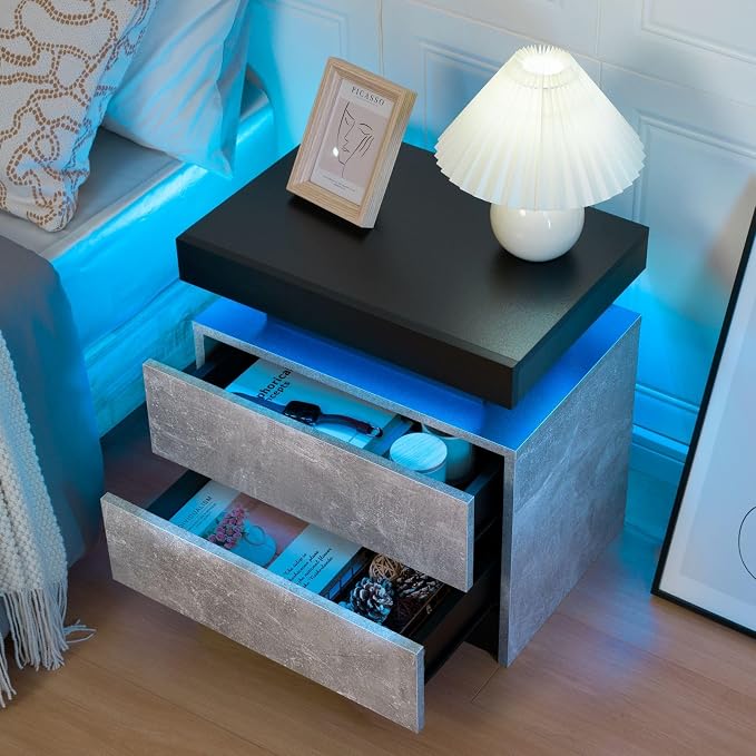 Bingoday Bedside Table with 2 Drawers, LED Nightstand Wooden Cabinet Unit with LED Lights for Bedroom, End Table Side Table for Bedroom Living Room, Grey - Image 6