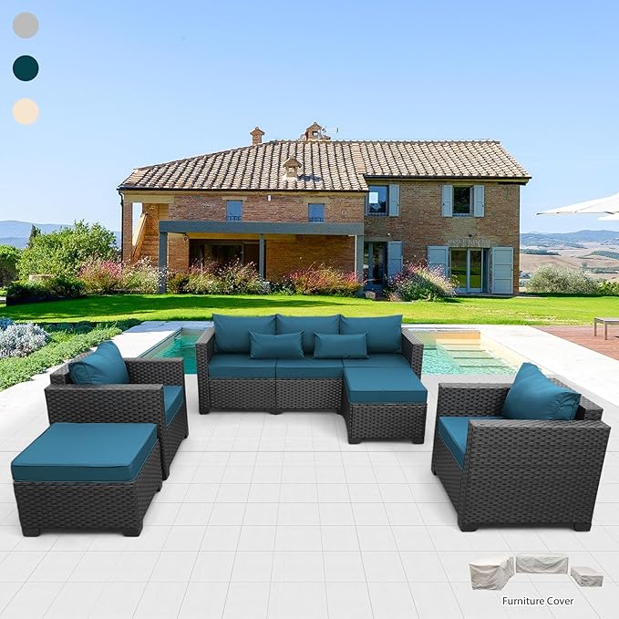 Rattaner Patio Furniture Set 5-Piece Outdoor Furniture Sets Wicker Patio Couch Chairs and Ottomans with Anti-slip Cushions and Waterproof Covers, Peacock Blue