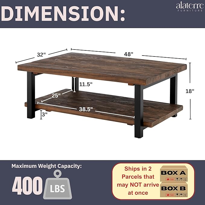Alaterre Furniture Pomona Living Room Tables – 48 Inch Rectangular Solid Wood Coffee Table with Storage Shelf & Metal Legs – Rustic Industrial Farmhouse Large Living Room Table (Rustic Brown)