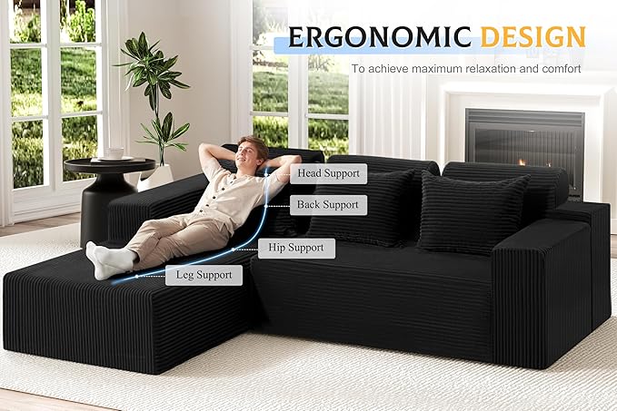 Homguava Modular Sectional Couches for Living Room,105" Cloud Couch with L-Shape Chaise,Comfy Sofa Living Room Sofas with Deep Seat,No Assembly L Couch,Corduroy Fabric(Black,L)