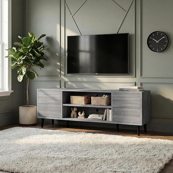 YESHOMY Mid-Century Modern TV Stand for 43-55 Inch TVs, 50 Inch Entertainment Center with Storage, Media Console with Push-to-Open Doors and Cable Management for Living Room, Bedroom (Light Gray) - Image 7