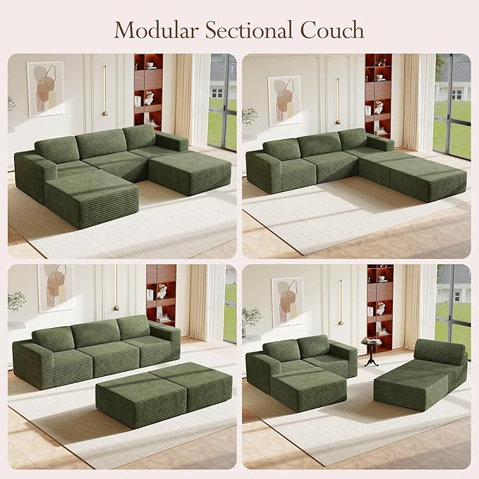 Vesgantti 119" Oversized U-Shaped Modular Sectional Sofa, Corduroy Cloud Couch with Deep Seating & Spring Support, Convertible Sofa with 2 Ottomans, Boneless Couch, No Assembly Required, Green