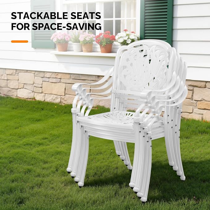 VINGLI Patio Chairs Set of 4 - Stackable Outdoor Cast Aluminum Dining Chairs with Vintage White Finish and Floral Pattern, Metal Armchairs for Poolside, Backyard, Balcony (with Cushion) - Image 7