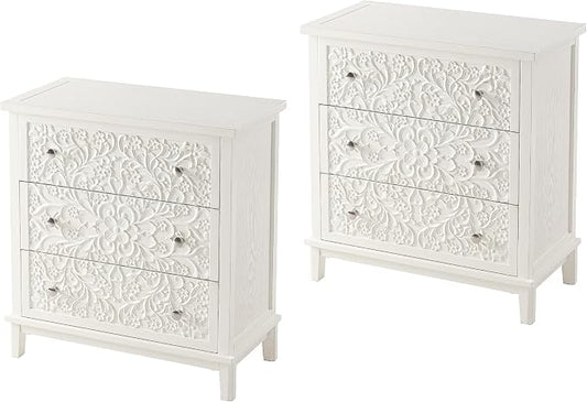 COZAYH 3-Drawer Fully-Assembled Flower Motif Dresser, Set of 2 Nightstand for French Country, Farmhouse, Modern, Rustic Style, Distressed Finish, White-Washed by COZAYH