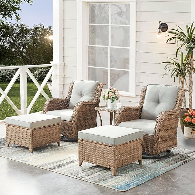 HUMMUH Outdoor Swivel Rocker PE Wicker Patio Chairs Set of 2, Rattan Rocking Chair Furniture Set (Yellow,Beige)