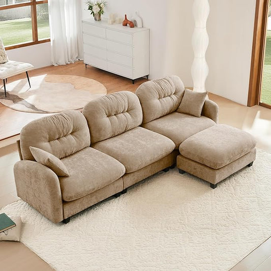 KEIKI 107" L-Shaped Oversized Chenille Modular Sectional Sofa with 1 Ottoman, High-Density Foam Cushions, Tufted Pleated Cushion Backrest, Modern 3-Seater Couch with 2 Pillow, for Living Room, Camel