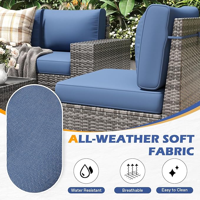 6 Pieces Outdoor Patio Furniture Set with Table Gray Rattan Sectional Sofa Conversation Sets for Balcony Lawn and Garden (Navy Blue, 6 pcs w/Table)
