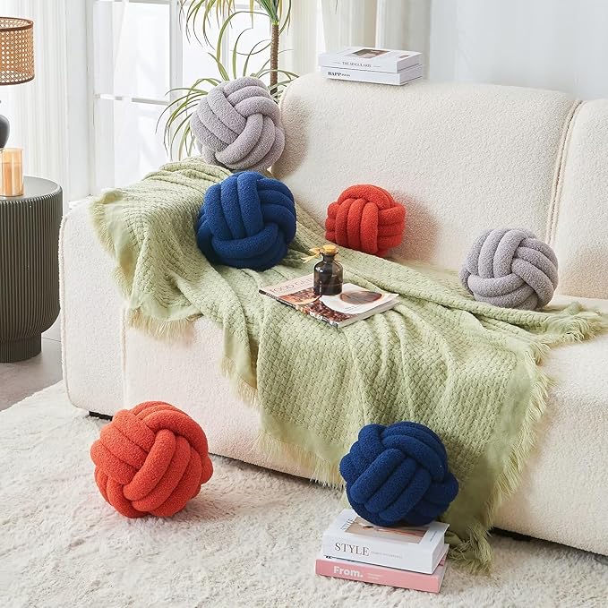 LUSJNGE Decorative Throw Knot Pillow Ball for Home Chair Sofa Couch Bed Aesthetic Round Decor Pillows Lambswool Knotted Pillow Cushion (Navy Blue, 8 inches)