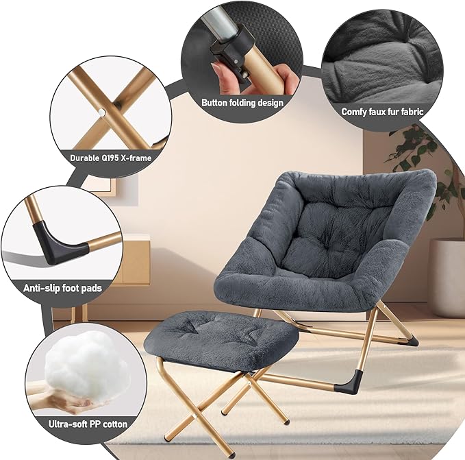 Youtanic Comfy Oversized Saucer Chair with Ottoman,Soft Faux Fur Reading Lounge Chair for Adults,Stable X-Large Metal Frame and Non-Slip Pad,Cozy Chair for Bedroom, Living Room, Dorm, Dark Gray