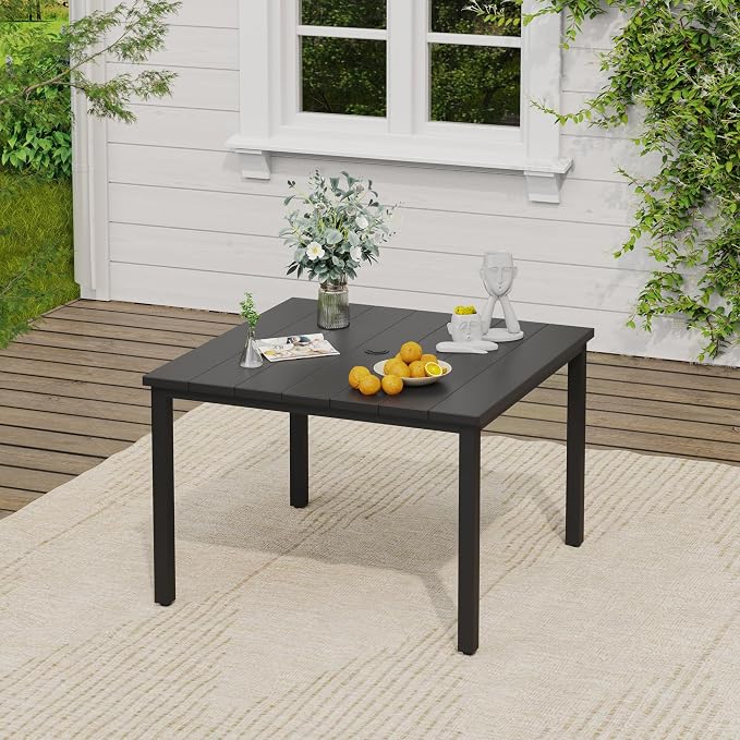 VICLLAX 5 Pieces Patio Dining Set, Patio Furniture Set of 4 Patio Stackable Dining Chairs and Outdoor Metal Square Table with Umbrella Hole for Backyard Lawn Garden, Dark Grey Chairs and Black Table - Image 5