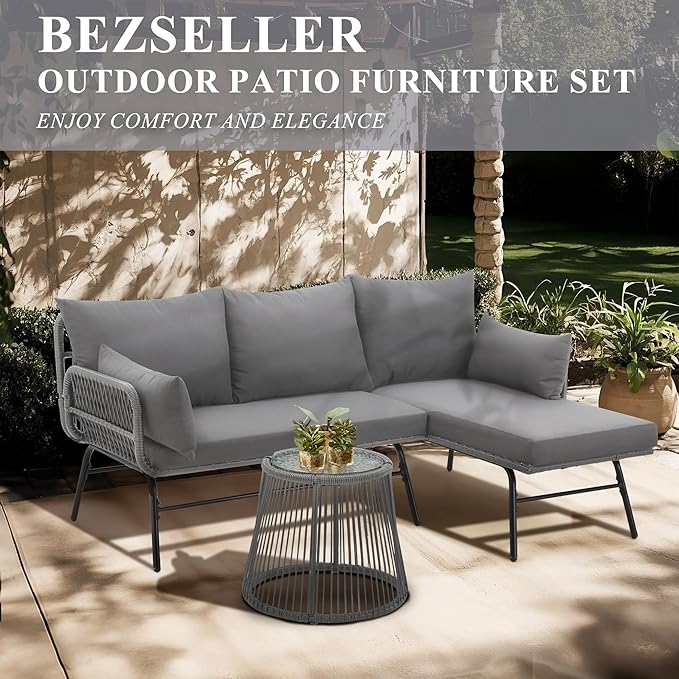 Bezseller 3-Piece Outdoor Patio Furniture Set – L-Shaped Rattan Sectional Sofa with Detachable Lounger, Glass Coffee Table & 4" Cushions – All-Weather PE Wicker for Backyard, Porch, Poolside