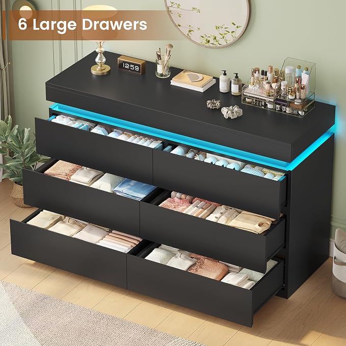 HAUOMS 6 Drawer Dresser with LED Light, Black Modern Chest of Drawers for Bedroom,Closet Dressers with Drawers for Living Room, Entryway, Hallway - Image 4