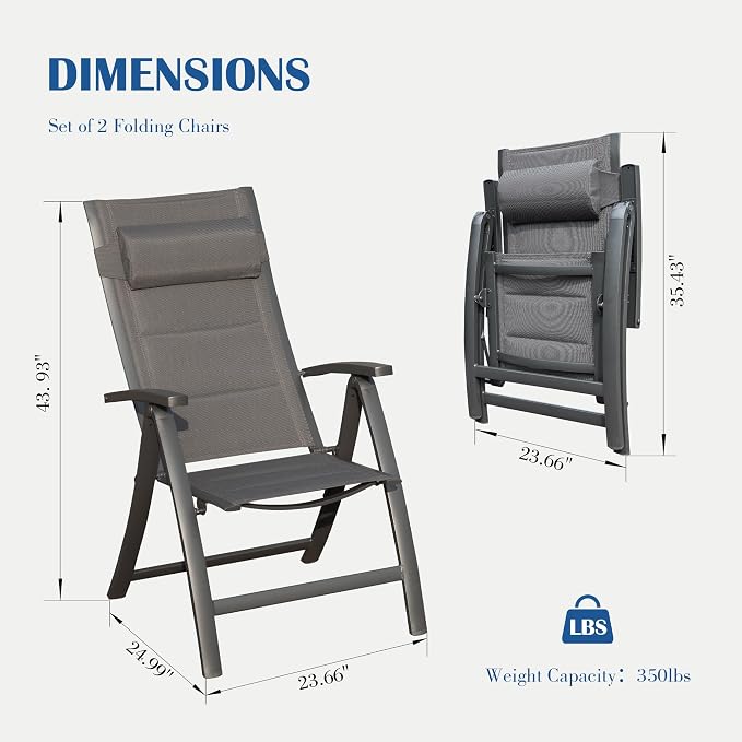 Domi Patio Folding Chairs Set of 2, Outdoor Reclining Chairs Set with Moveable Headrest, Aluminum Frame Outdoor Portable Chairs with Adjustable High Backrest and Padded Textilene Fabric Seat - Image 2