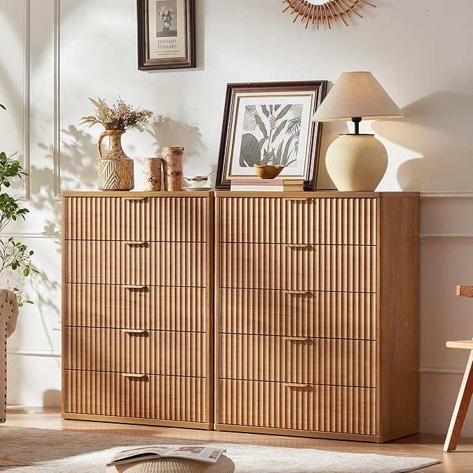LEYAOYAO Fluted 5 Drawers Dresser for Bedroom, 41" Tall Modern Chest of Drawers with Metal Handle, Curved Profile Farmhouse Closet Organizer Wood Dressers TV Stand for Living Room, Hallway, Brown - Image 4