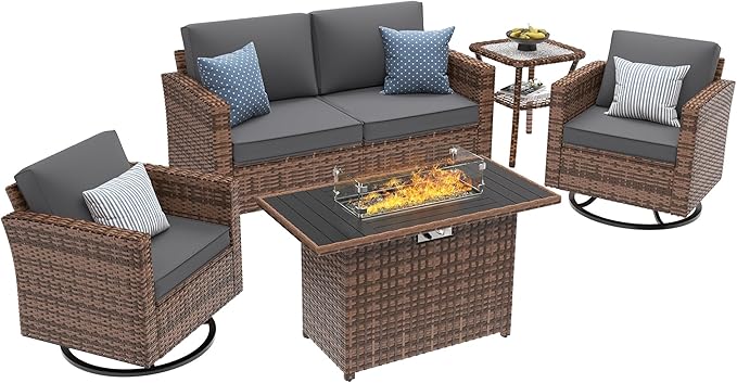UDPATIO 5 Pieces Patio Furniture Set with Fire Pit Table, Outdoor Furniture Set with Rocking Swivel Chairs, Wicker Patio Set with Waterproof Cover, 4'' Thickened Cushion, Grey