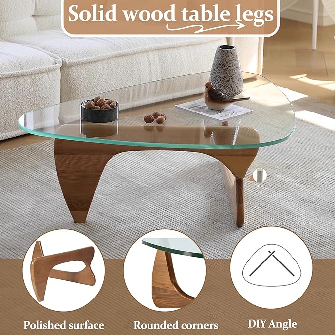 Small Coffee Table, Modern Glass Coffee Tables for Living Room, Mid Century Coffee Table, Funky Minimalist Center Tables for Bedroom Reception Office (Walnut Brown, 31.5in)