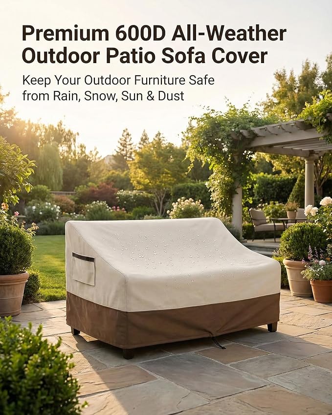 Outdoor Sofa Cover, Waterproof Patio Furniture Cover 58.3W x 32.7D x 31H inches Heavy Duty 600D Oxford Fabric Beige and Brown - Image 3