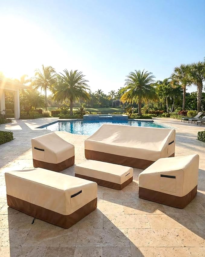 Outdoor Sofa Cover, Waterproof Patio Furniture Cover 58.3W x 32.7D x 31H inches Heavy Duty 600D Oxford Fabric Beige and Brown - Image 9