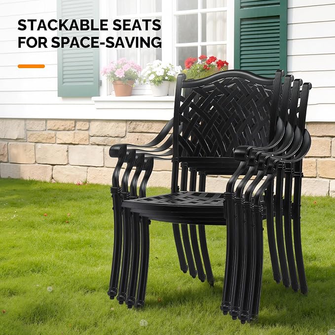 VINGLI Patio Chairs Set of 2 - Stackable Outdoor Cast Aluminum Dining Chairs with Vintage Black Finish and Diamond Pattern, Metal Armchairs for Poolside, Backyard, Balcony (No Cushion) - Image 7