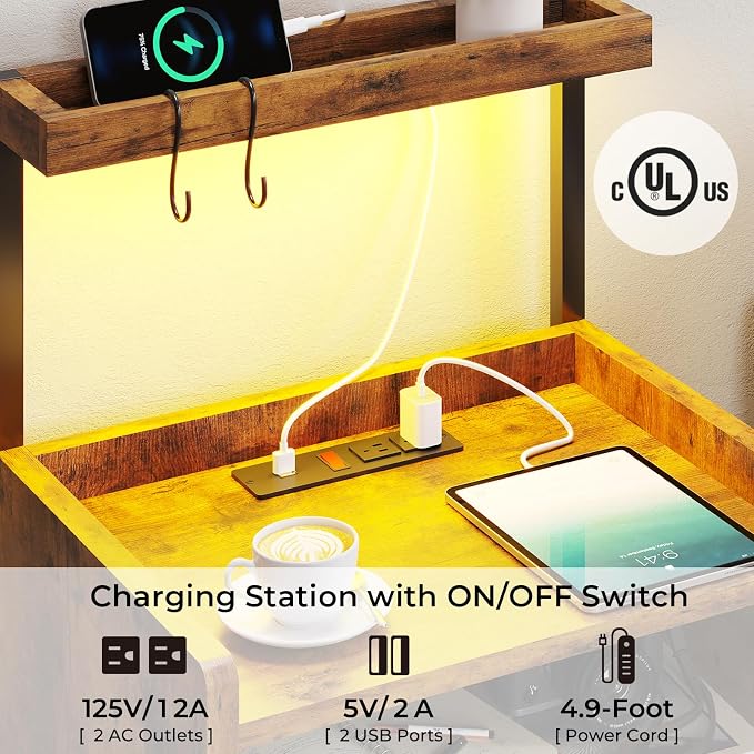 VIAGDO Rustic Brown Nightstands Set of 2 with Charging Station and LED Lights, LED Night Stand Set 2 with Drawer, Rustic End Side Table with Open Storage Shelves, Bedside Tables for Bedroom, Office - Image 4