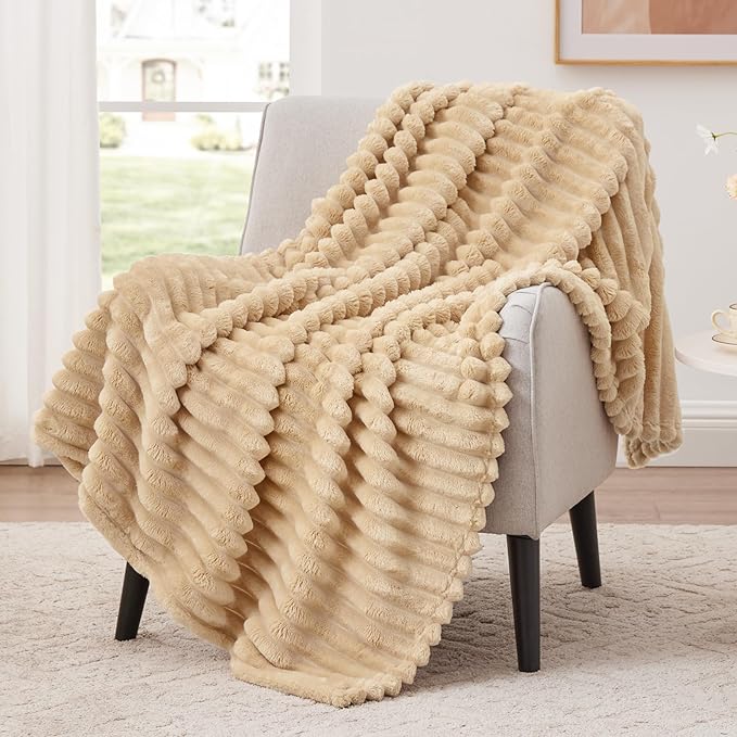 EXQ Home Fleece Throw Blanket for Couch or Bed - 3D Stripe Jacquard Decorative Blankets - Cozy Soft Lightweight Fuzzy Flannel Blanket Suitable for All Seasons(50"??60",Camel)
