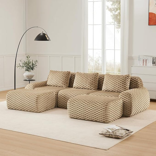 114" U-Shaped Compressed Sectional Cloud Sofa, Flannel Upholstered Modular Deep Seat Sofa with 5 Pieces, Symmetrical Boneless Foam Modular Cloud Couches for Living Room