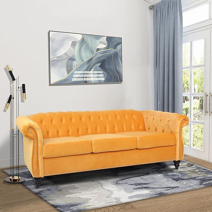 LEVNARY Velvet Chesterfield Sofa, Classic Tufted Upholstered Couch, Modern 3 Seater Couch Long Settee Furniture with Tufted Back for Living Room Office (Yellow)