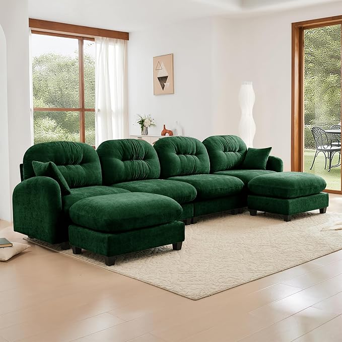 KEIKI 140" U-Shaped Oversized Chenille Modular Sectional Sofa with 2 Ottoman, High-Density Foam Cushions, Tufted Pleated Cushion Backrest, Modern 4-Seater Couch with 2 Pillow, for Living Room, Green
