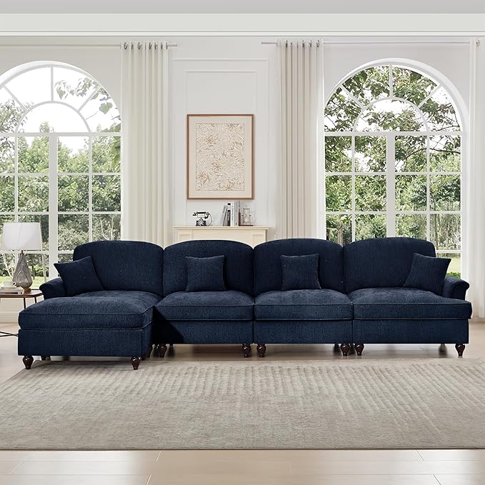KEIKI Mid Century Modular Sofa with Flared Arms and Skirted Design, 137“ Oversized 4-Seater with Ottoman Luxury Chenille L-Shaped Sectional Couches for Living Room, Chaise Lounge Indoor, Blue