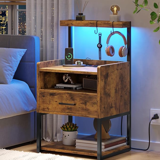 VIAGDO Rustic Brown Nightstands Set of 2 with Charging Station and LED Lights, LED Night Stand Set 2 with Drawer, Rustic End Side Table with Open Storage Shelves, Bedside Tables for Bedroom, Office - Image 6