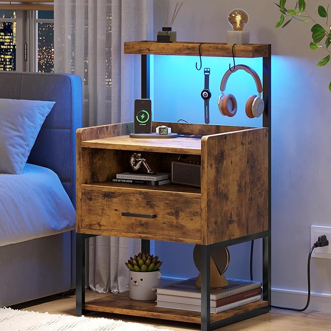 VIAGDO Nightstand with Charging Station and LED Lights, Rustic Brown Night Stand with Drawer, Modern End Side Table with Open Storage Shelves, Bedside Tables for Bedroom, Office by VIAGDO