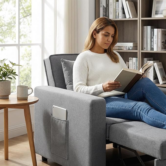 3-in-1 Convertible Sleeper Chair, Sleeper Sofa Bed with Side Pocket, Lazy Sofa Bed with Adjustable Backrest, Recliner Chair for Living Room, Apartment, Dorm, or Office, Gray