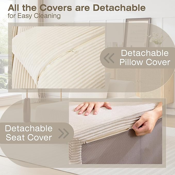 Modular Sectional Sofa, Boneless Couches for Living Room, Corduroy Couch, Big Comfy Couch, Modular Cloud Sofa with Deep Seat (White, 1 Piece-Right Armchair)