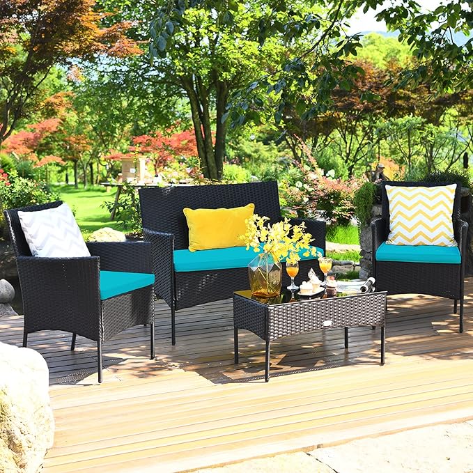 4 Pieces Patio Furniture Set, Outdoor Conversation Set with Ergonomic Curved Backrest, Patio Chair Set with Water-Resistant Cushion & Tempered Glass Table for Balcony,Porch (Turquoise)