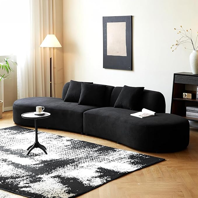 132" Curved Sofa with Throw Pillows, 6 Seater Luxury Velvet Couch with Half Moon Design and High-Density Foam, Ideal for Modern Living Room, Office & Apartment, Black