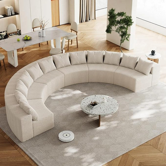 KEIKI 6 Seat Corduroy Curved Sectional Sofa, Symmetrical Modular Semi Circular Couch, Deep Seat Tufted Corner Sofa for Living Room, Lobby, Beige