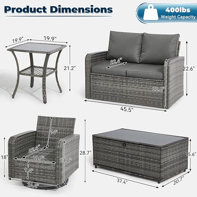 5 Pieces Outdoor Furniture Set with Swivel Chairs, Wicker Patio Furniture Sets for Porch Deck Bistro Lawn Garden Backyard Poolside-Grey