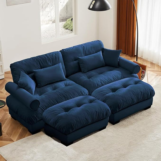 KEIKI 94" Oversized Velvet Modular Sectional Loveseat Sofa with 2 Ottoman, High-Density Foam Cushions and Bolstered Armrests, Upholstered 2-Seater Cloud Couch with 4 Pillow, for Living Room, Blue