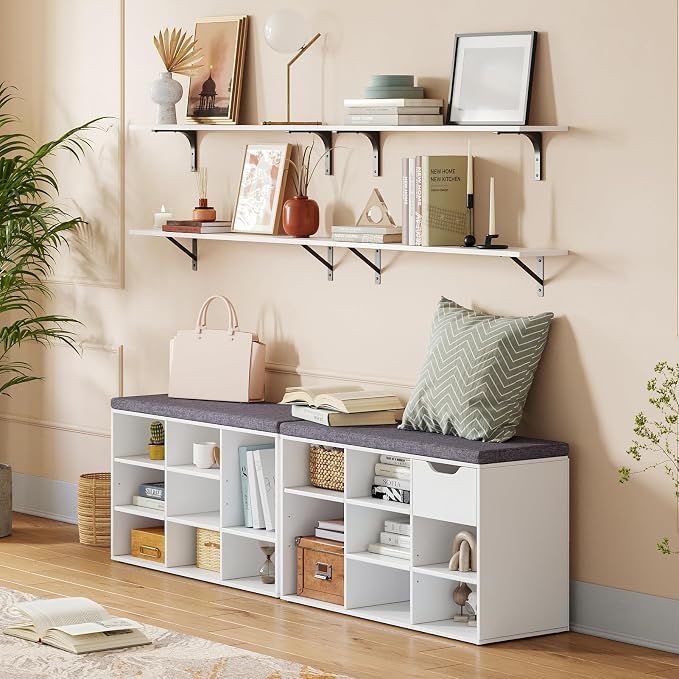 DINZI LVJ Shoe Storage Bench with Cushion, Cubby Shoe Rack with 9 Cubbies, Adjustable Shelves, Multifunctional Shoe Organizer Bench for Entryway, Mudroom, Hallway, Closet and Garage, White - Image 2