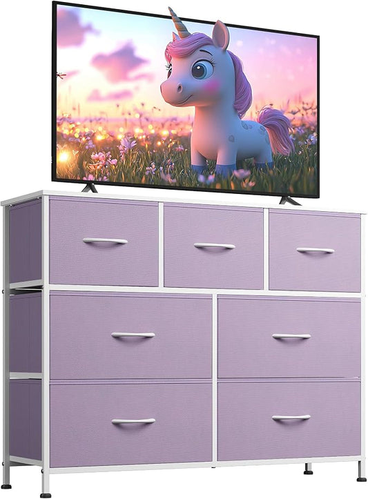WLIVE 7 Drawer Dresser TV Stand, Entertainment Center, Media Console Table with Metal Frame and Wood Top for TV up to 45 inch, Chest of Drawers for Bedroom, Living Room, Purple by WLIVE