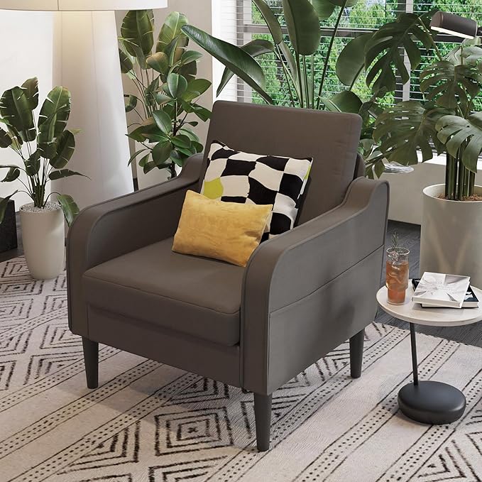 Ribilake Grey Accent Chair - Upholstered Armchair with Side Pockets, Comfy Living Room Arm Chair, Reading Accent Chairs for Bedroom, Living Room, Apartment, Office