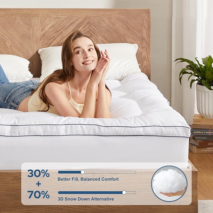 BEDLORE Queen Mattress Topper, Thick Pillow Top Bed Cover for Back Pain Relief, Soft Mattress Pad with Deep Pockets 6-18 inch