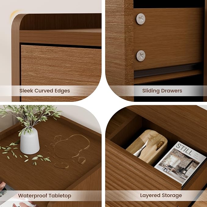 Wooden Night Stand with LED Light, Modern Mid-Century Side Table, 2-Drawer Bedside End Table with Solid Wood Legs for Bedroom, Dorm and Small Spaces, Walnut - Image 6