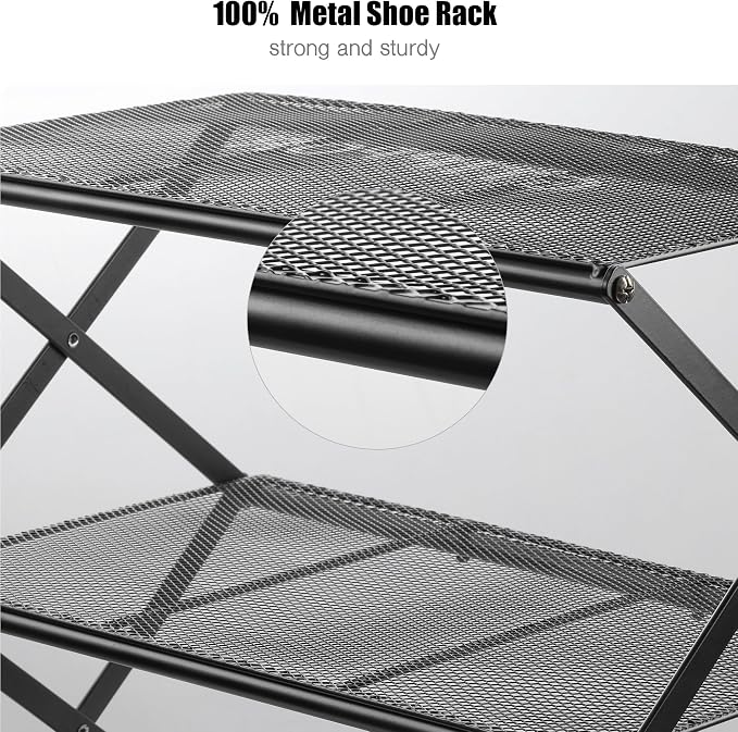 Shoe Rack for Entryway 4 Tier Foldable Shoe Rack Without Assembly Collapsible Metal Shoe Organizer Folding Shoe Storage Rack for Door, Living Room, Black - Image 3