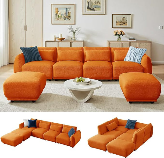 Sectional Sofa Couch, Modern U Shaped Sectional Couch with Ottoman, Modular Sectional Sofa Cloud Couches for Living Room (Orange, 4 Set + 2 Ottoman)