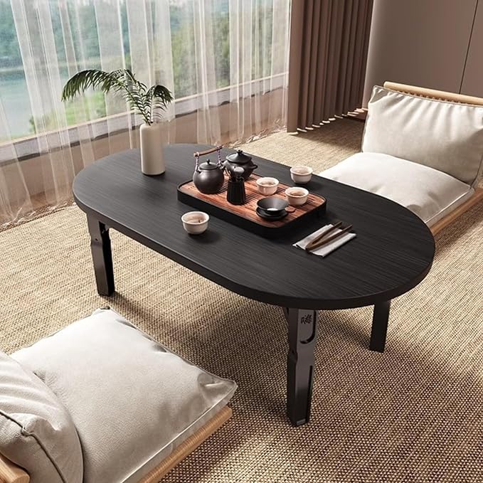 Folding Coffee Table, Small Portable Coffee Table with 4 Foldable Legs, Round Foldable Low Floor Tables for Living Room Home Office No Assembly 31.5 x 18.9 x 14.2 in (Black)