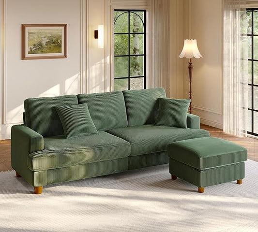 87.2" Couches for Living Room, Comfy L Shaped Couch Green 7.5" Thicker Cushion, Sofas for Living Room Tool-Free Setup, Loveseat with Ottoman 848lbs Support, Corduroy Couch for Bedroom, Office
