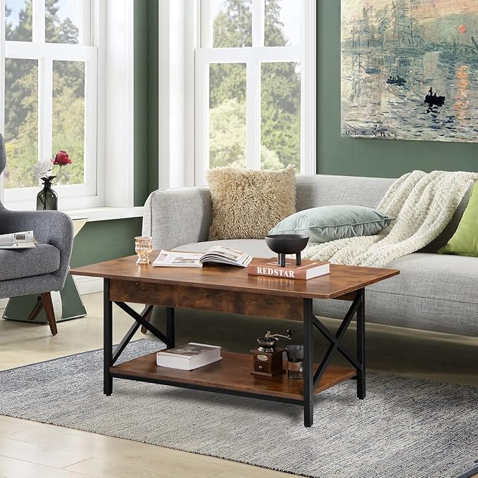 COSTWAY Industrial Coffee Table, 2-Tier Wood Cocktail Tea Table with Storage Shelf and X-Shape Steel Frame, Rectangle Sofa Side Accent Table for Living Room Home Office, Rustic Brown